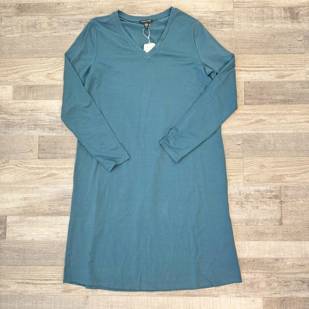 Eileen Fisher NWT Teal Knit Dress Long Sleeve, Knee Length, V-Neck A7